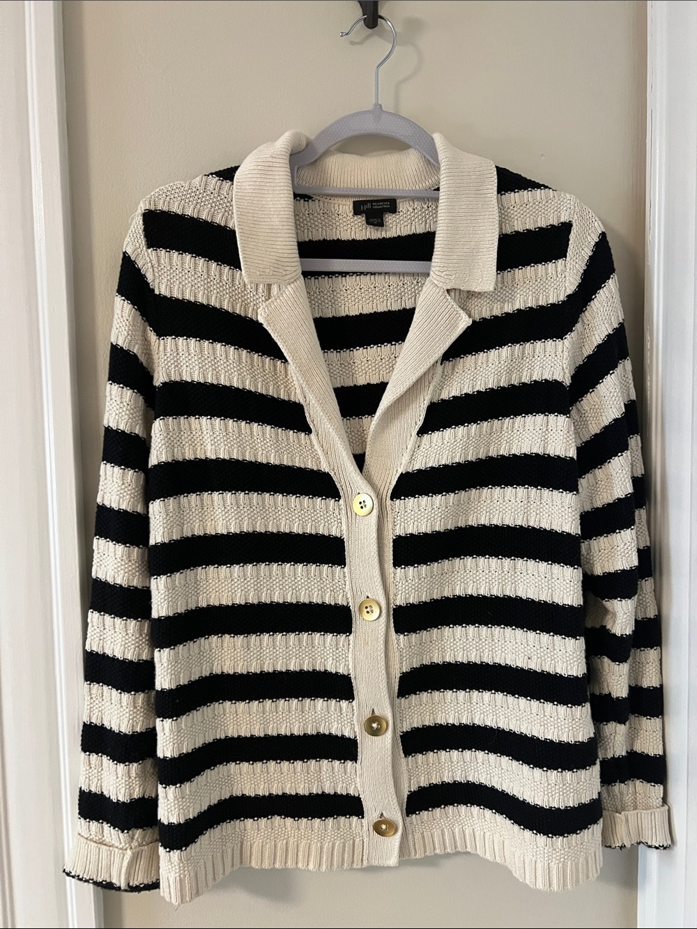 J.Jill Striped Collared Button-Front Sweater Cardigan - Black & Cream.